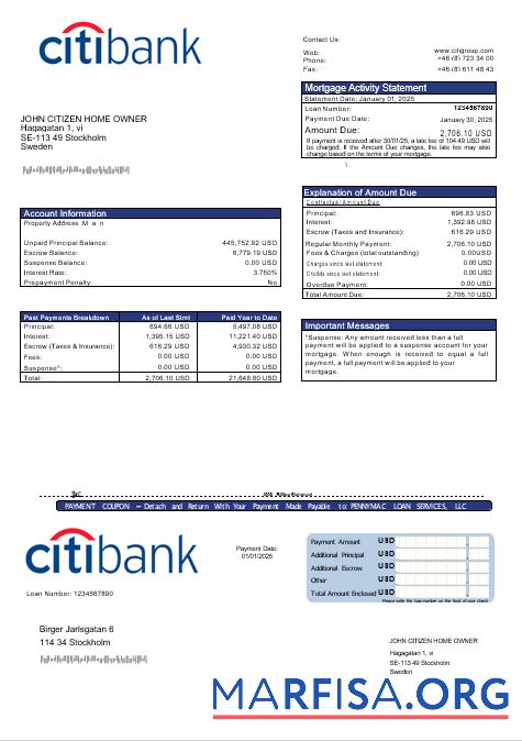 Printable Swedish Citibank mortgage statement in Word and PDF formats sample